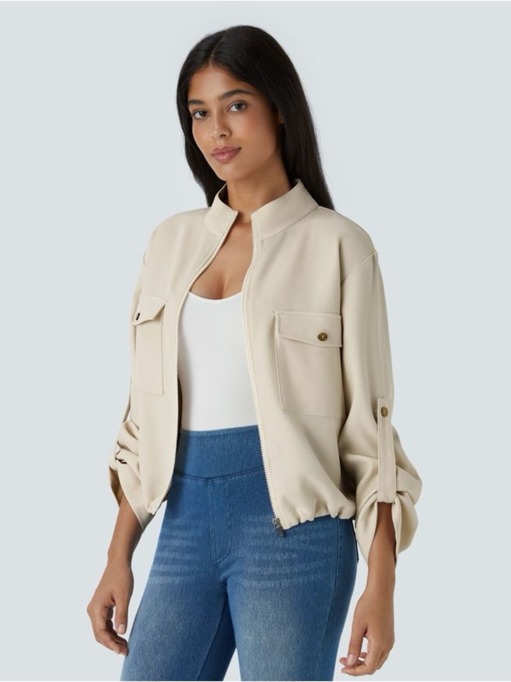 Halara Stand Collar Zip Jacket M Beige Arctic Wolf Drawstring Hem Casual - Picture 4 of 8